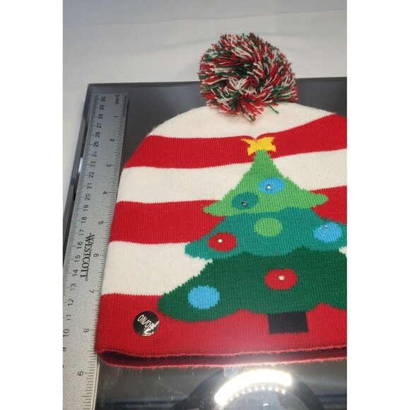 Lotsa Lites Flashing Pom Pom Beanie Hat Knitted Holiday Christmas Tree Design - Picture 7 of 7
